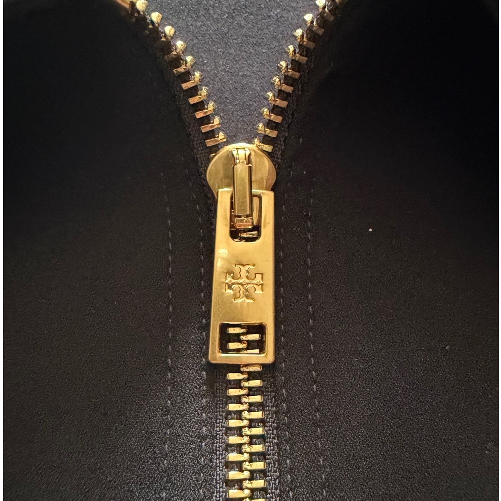 TORY BURCH Crepe Polo Mini Dress Size 10 Black Gold Zipper Minimalist Designer - Picture 4 of 10